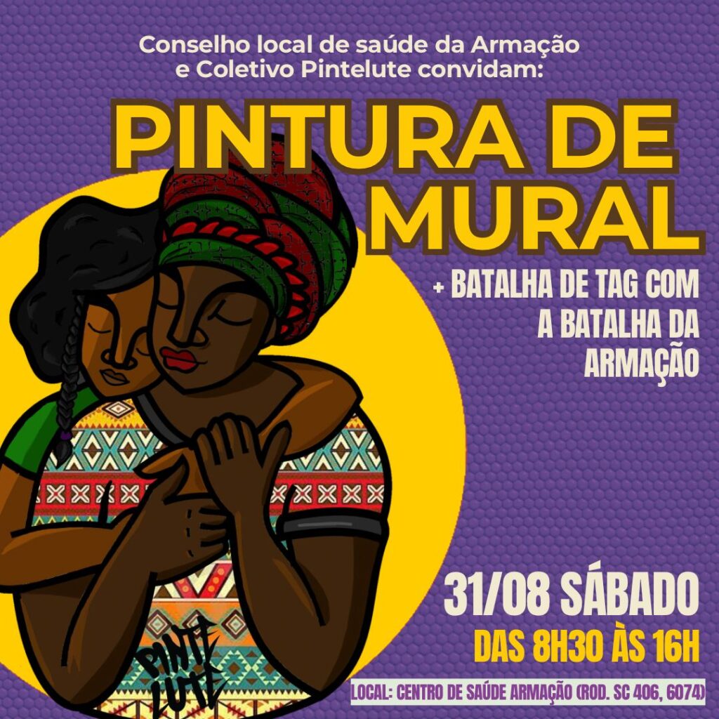 Duas mulheres negras se abraçando. Ao fundo informações de divulgação do evento de pintura do mural, descritas na postagem mais abaixo.